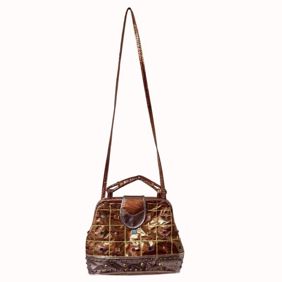 Vintage Baikal Gold Metallic Purse Retro Rhinestone Jewel Handbag Glam Party Bag - Picture 3 of 16